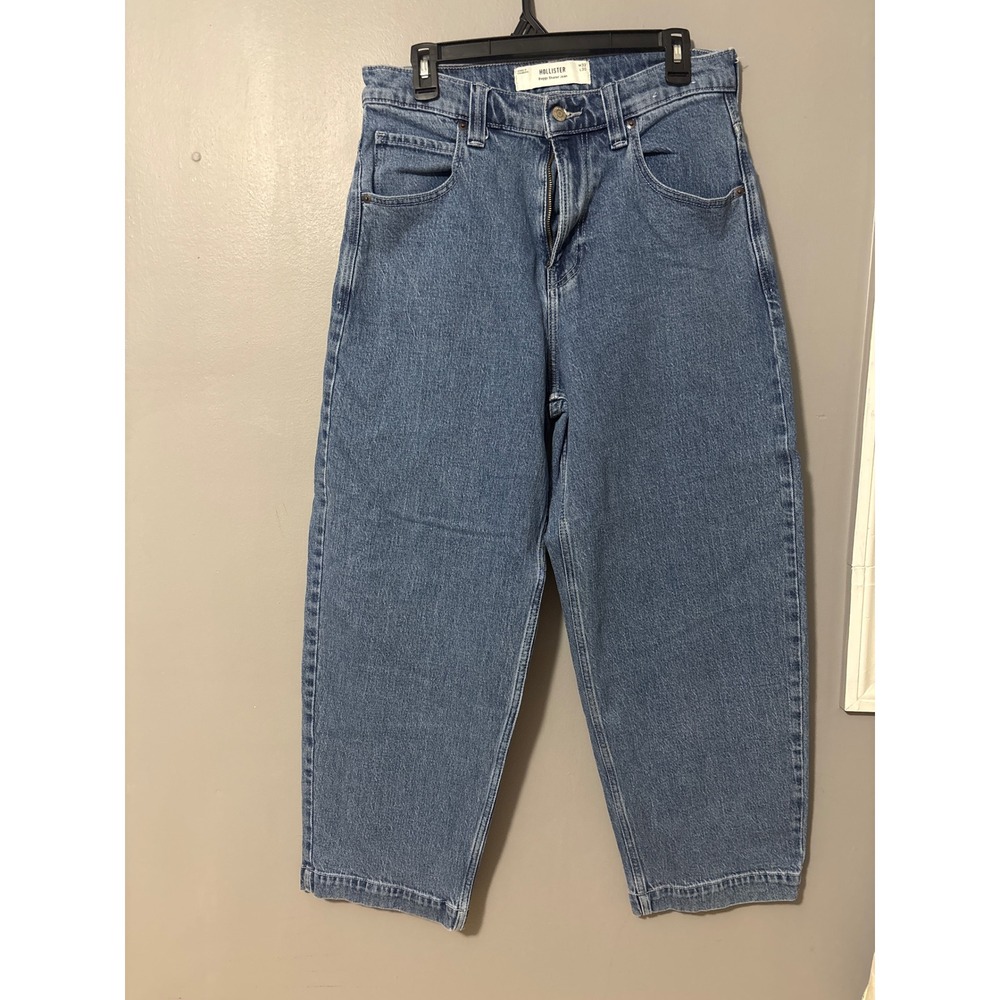 Hollister Baggy Skater Jeans Mens Blue Denim Flaming Skull Graphic Wide-Leg